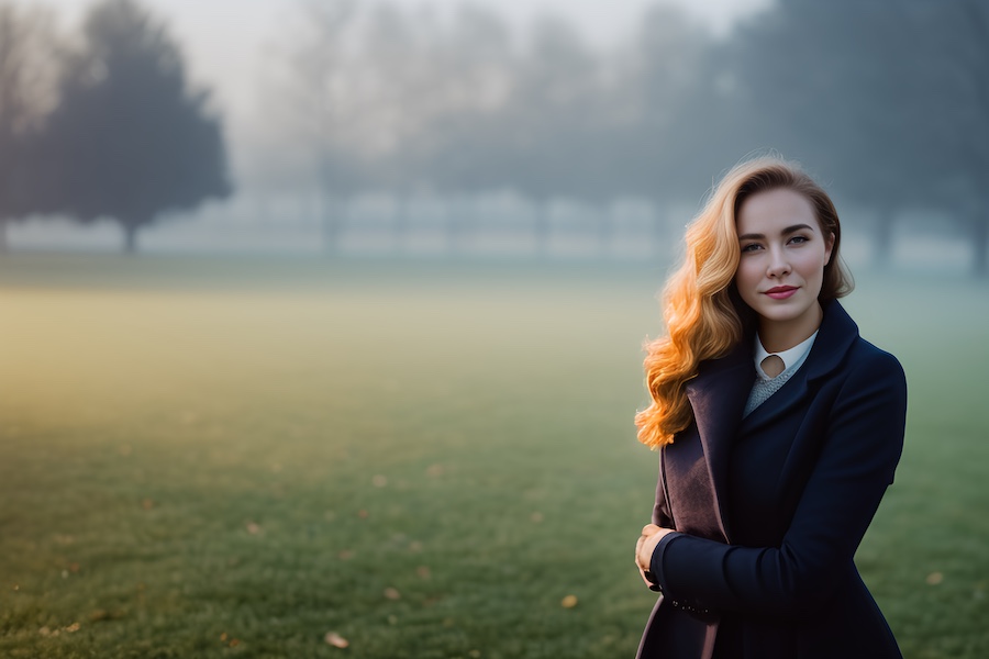A woman in a stylish coat standing in a field on a foggy day.