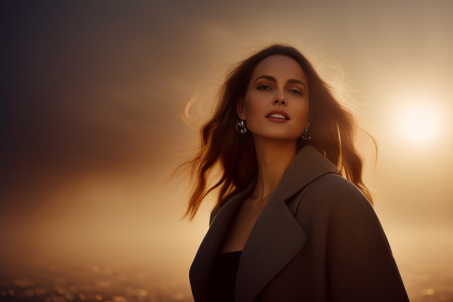 woman, coat, posing, sunset
