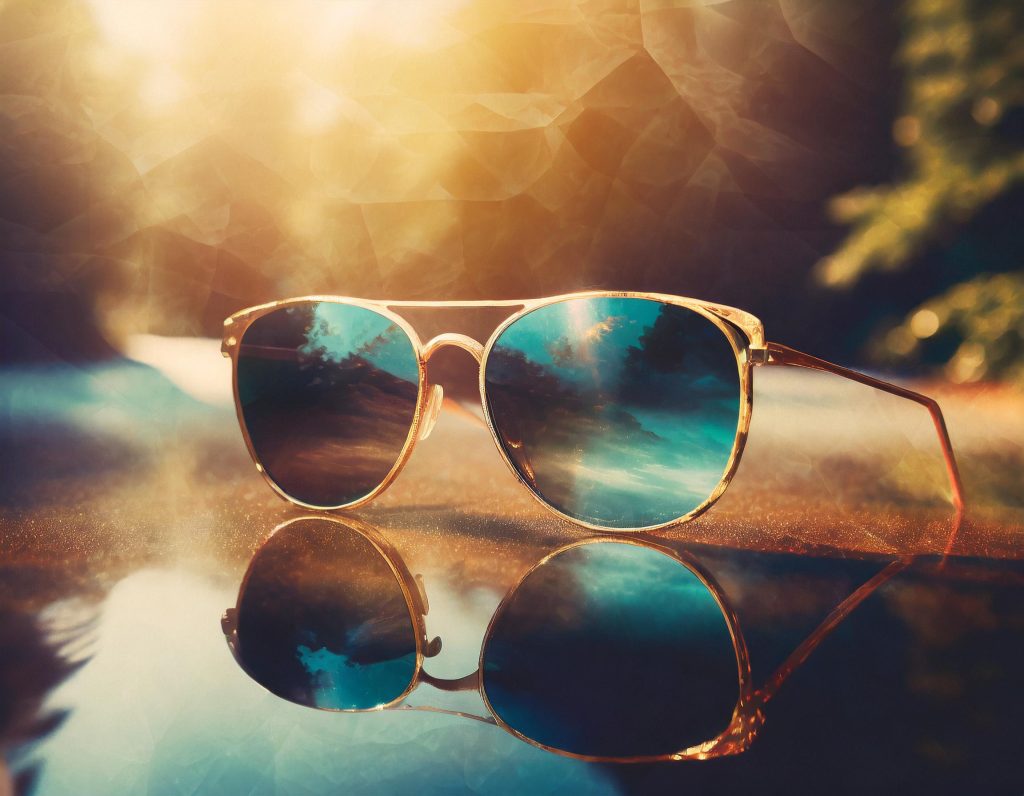 Reflective blue aviator sunglasses rest on a glossy surface, capturing a golden-lit landscape. Stylish and durable, they evoke a serene summer vibe.