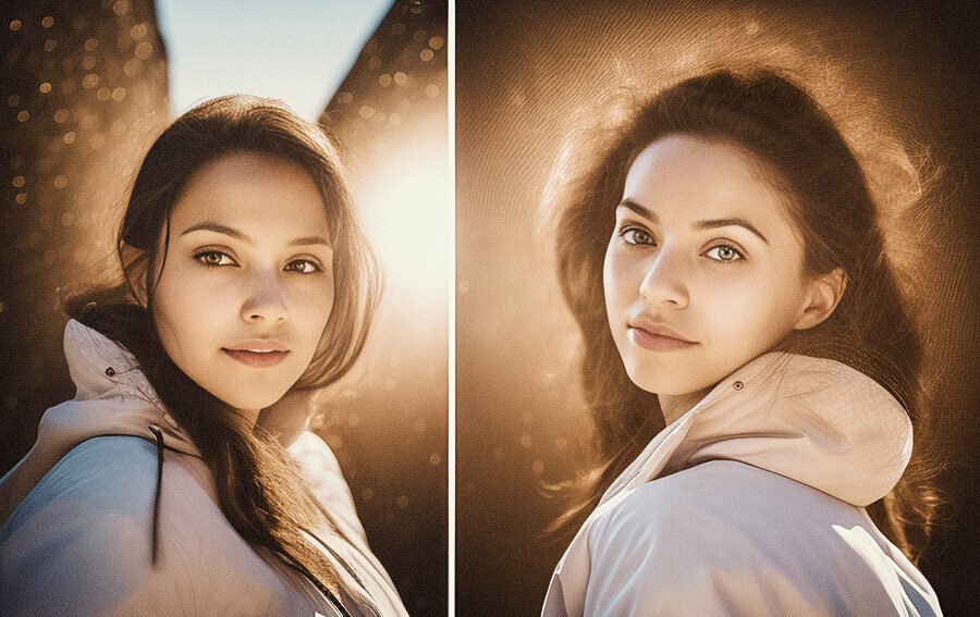 Split-screen fashion image: woman with lustrous dark hair poses serenely, presenting two perspective - frontal glance on the left and sun-kissed profile on the right.