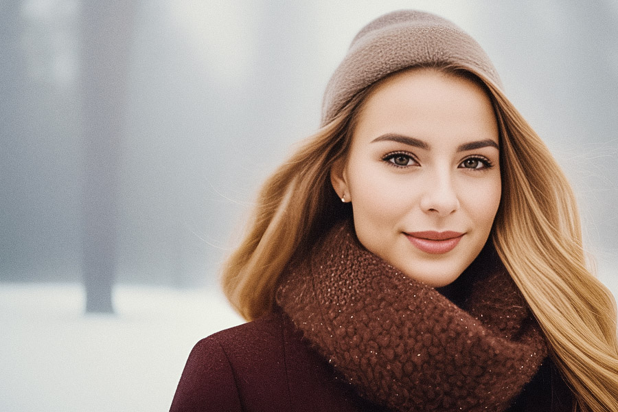 Stylish woman sports beige beret and dark brown scarf, braving a snow-fogged landscape with a radiant smile.