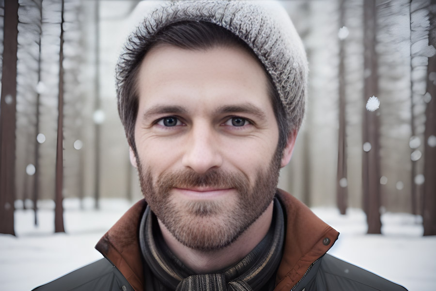 A man wearing a beanie and scarf braving the snow with an attache case.