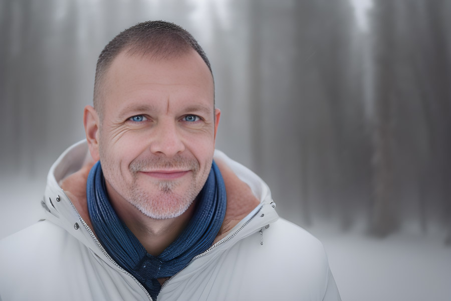 A man in a white jacket holding an attache case standing in a snowy forest.