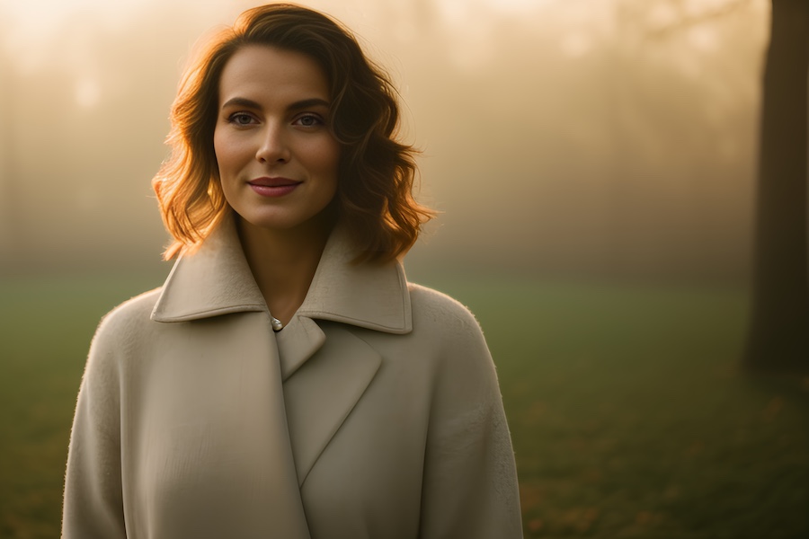 woman, white coat, field
