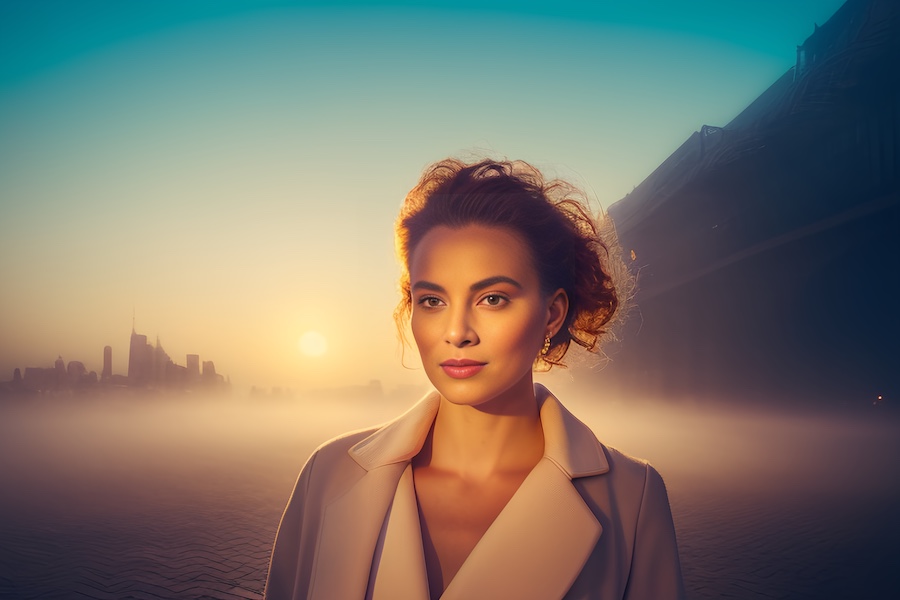 white coat, foggy city.