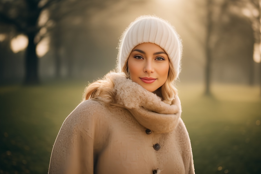 Woman, beige coat, park.