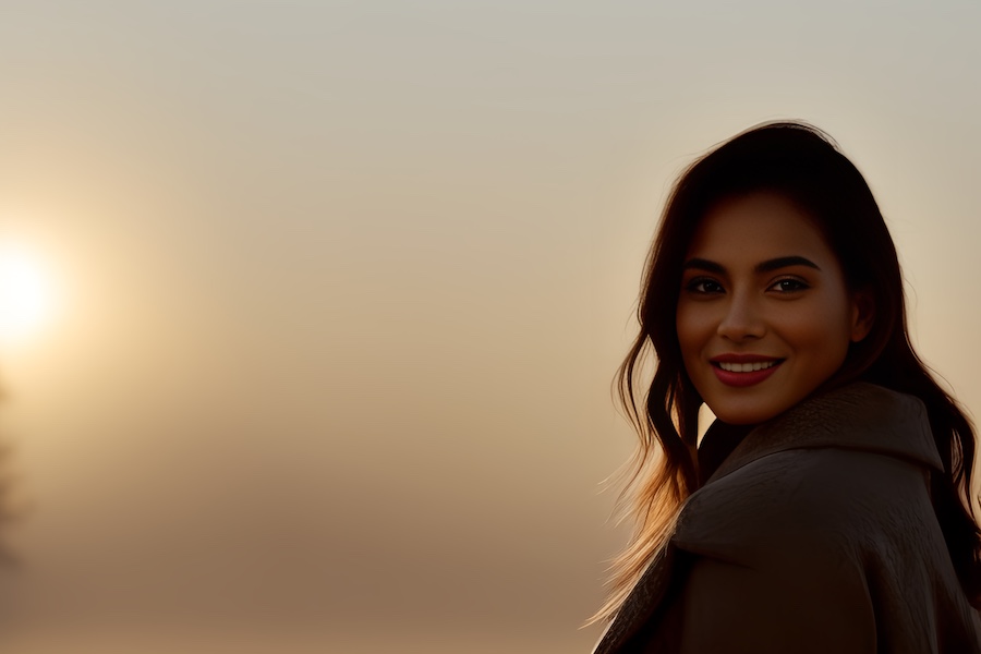 Woman, coat, foggy background.