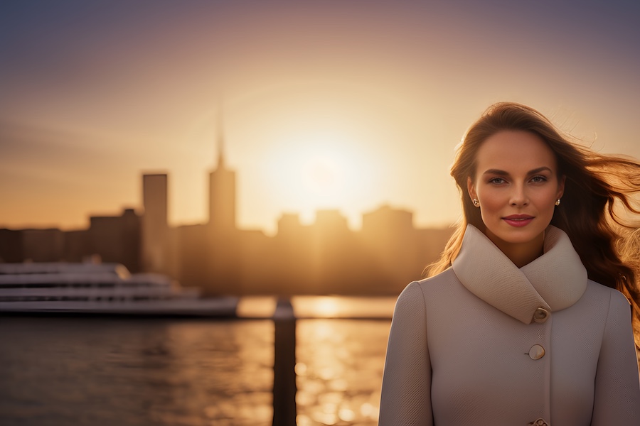 woman, white coat, city, sunset