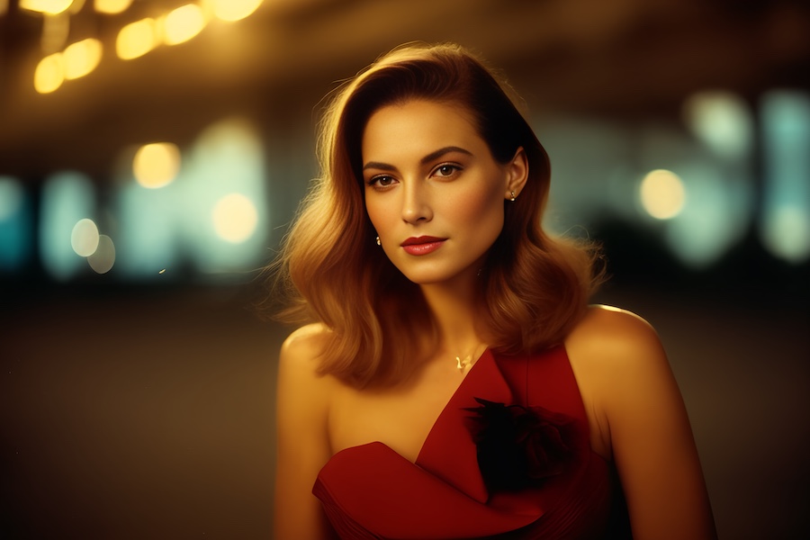 Night, red dress.
