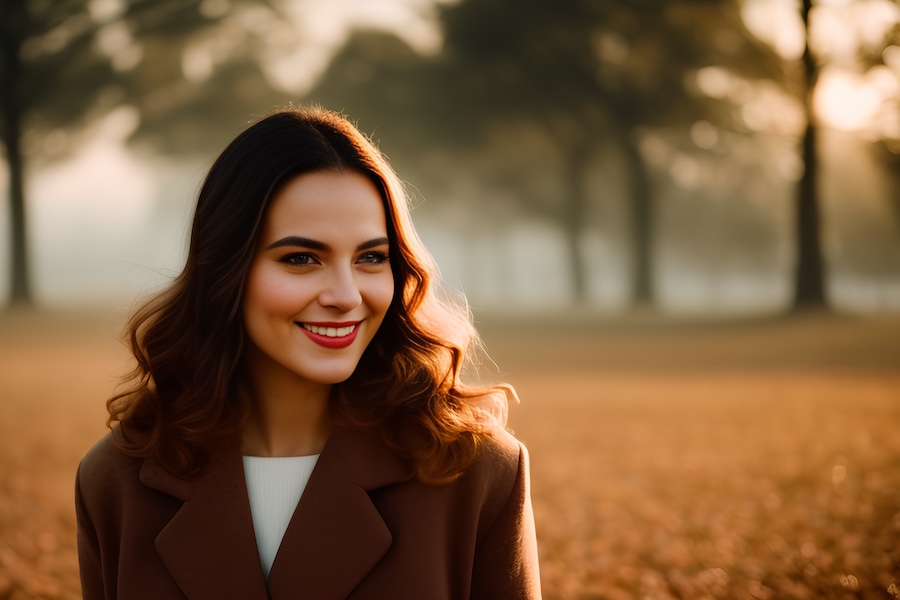 woman, brown coat, smiling