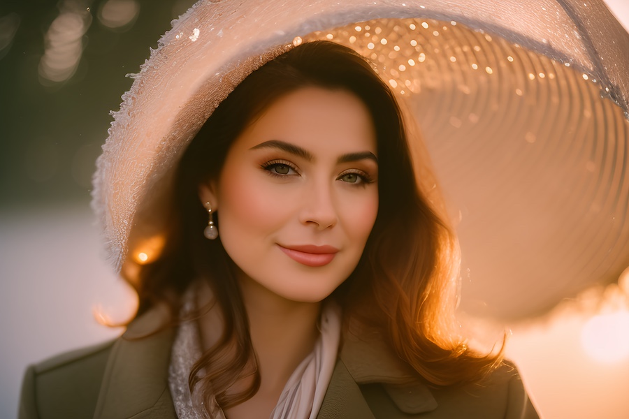 A beautiful woman posing for a photo in a white hat.