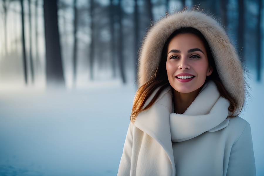 A woman in a snowy forest.