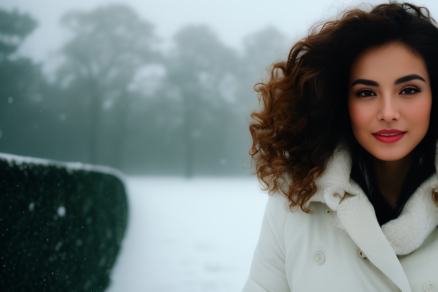 white coat, posing, snow