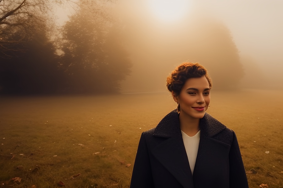 foggy field, woman