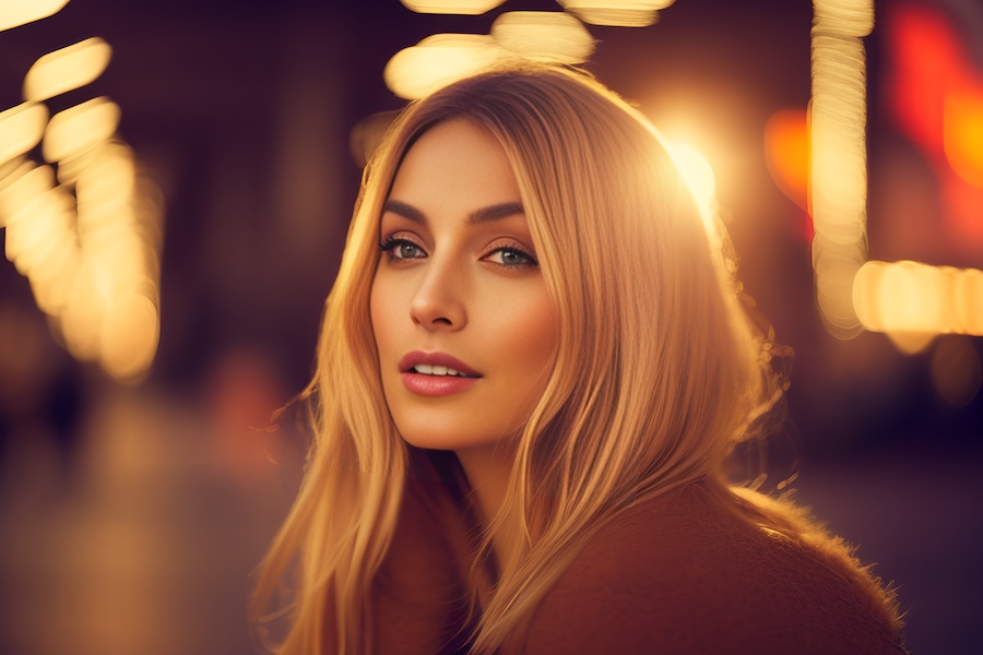 Blond woman, city, night.