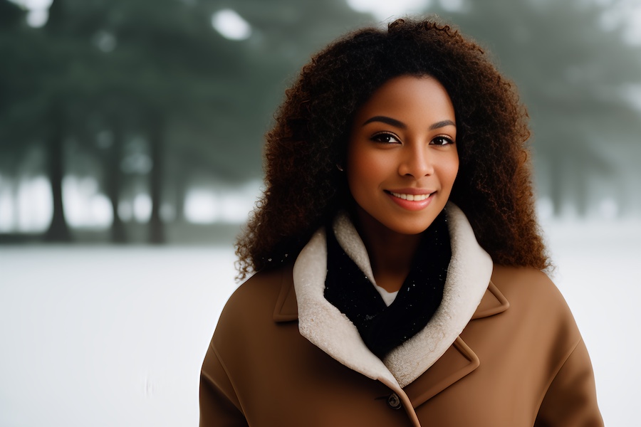black woman, coat, scarf, snow
