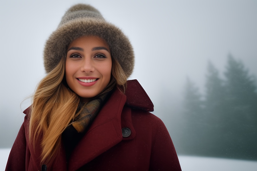 woman, red coat, hat, smiling, snow.