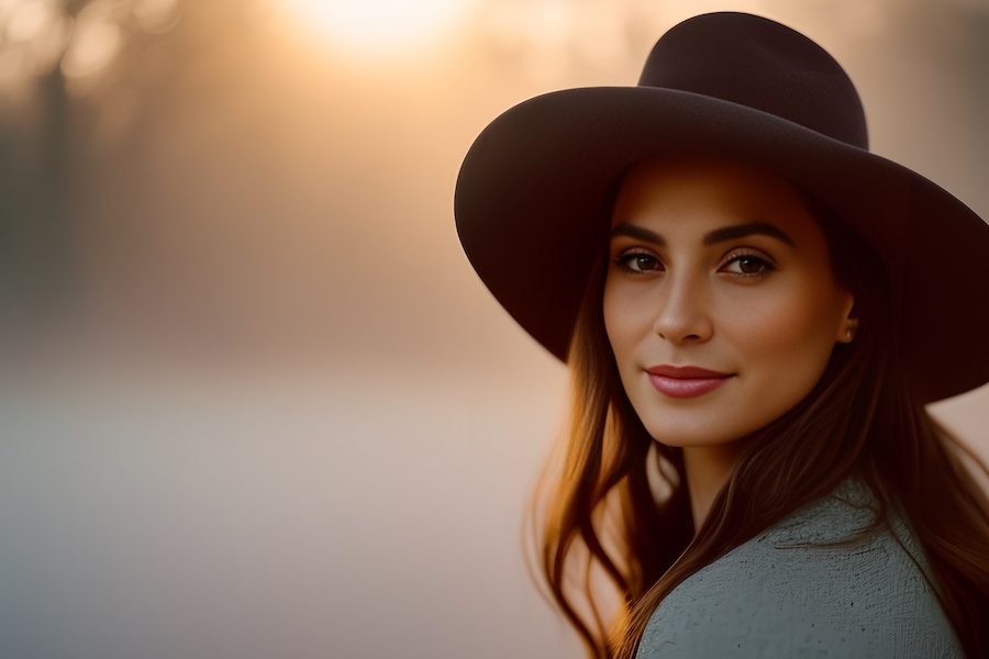 A foggy background with a beautiful woman donning a hat.