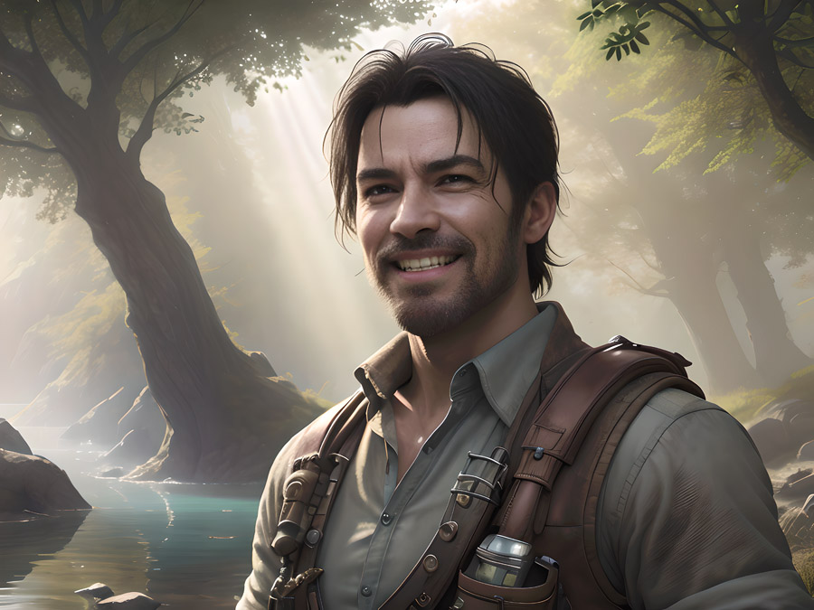 "Cheerful man radiating happiness beside a serene, flowing river."