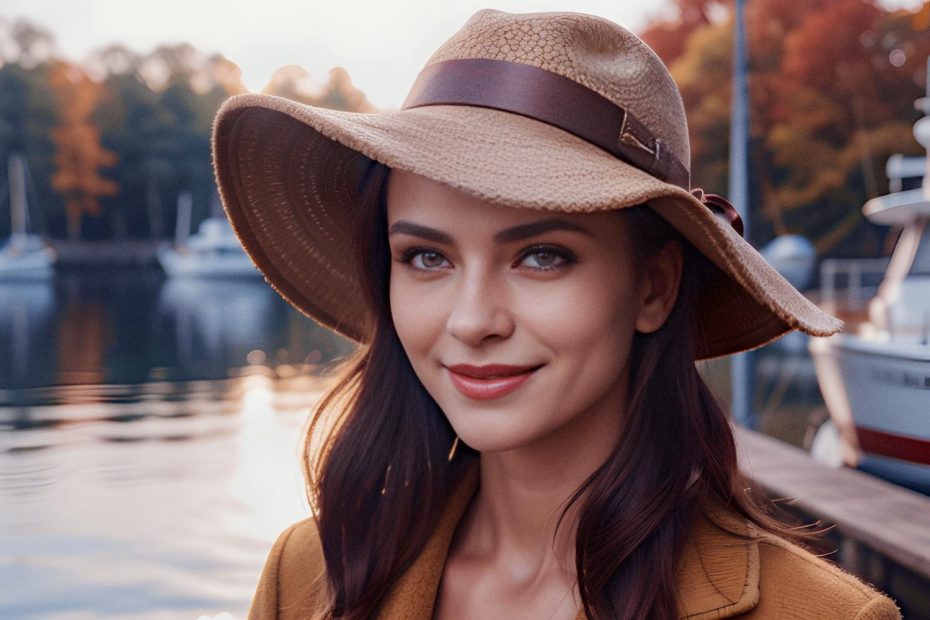 A stylish woman with long brown hair smiles by a dock, holding her Packable Tote. Sporting a wide-brimmed hat and chic brown coat, she embodies autumn elegance against a backdrop of boats and vibrant fall foliage reflecting on calm waters.