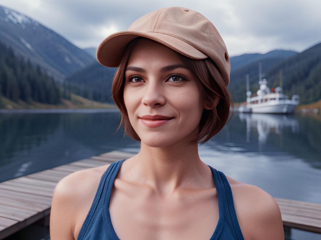 A chic woman with short brown hair, in a beige cap and blue tank top, smiles by a serene lake. Overcast sky, lush mountains, and a docked boat create the perfect backdrop for an adventurous day. #TravelInStyle