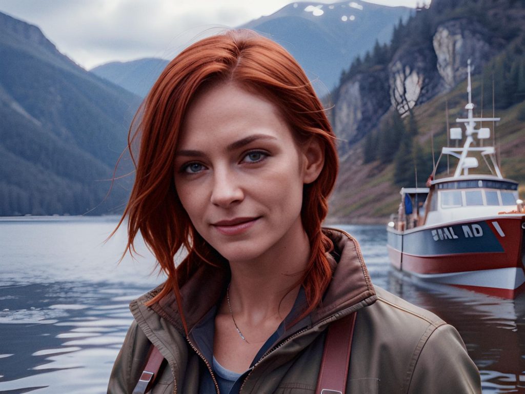 A red-haired woman in a chic outdoor jacket by a serene mountain lake, with the boat "BEL AD" floating behind her. Effortless adventure style.