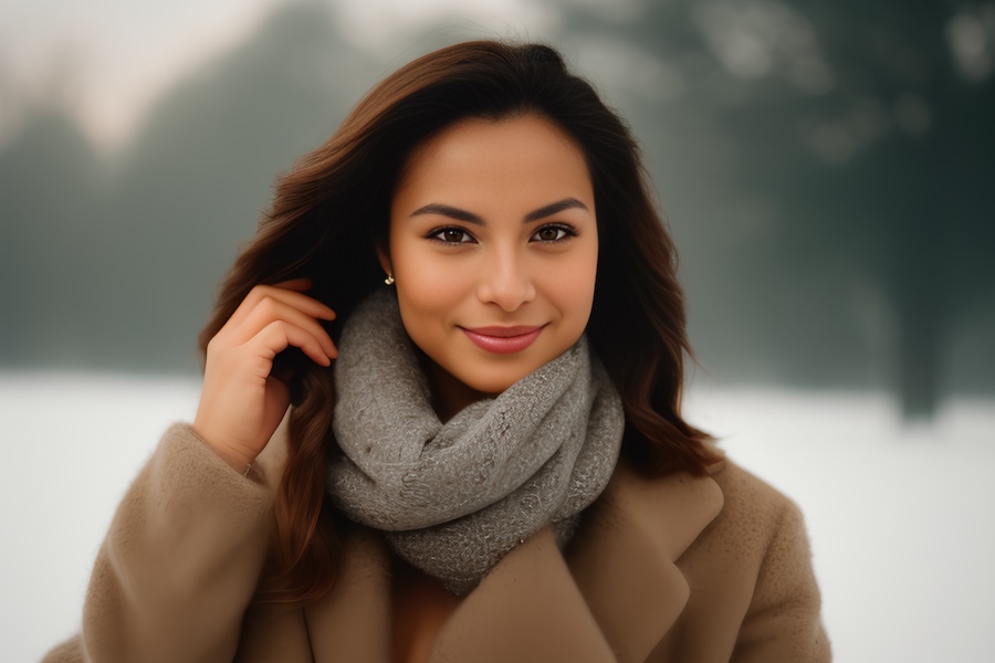 Beautiful, woman, beige coat, posing, snow.