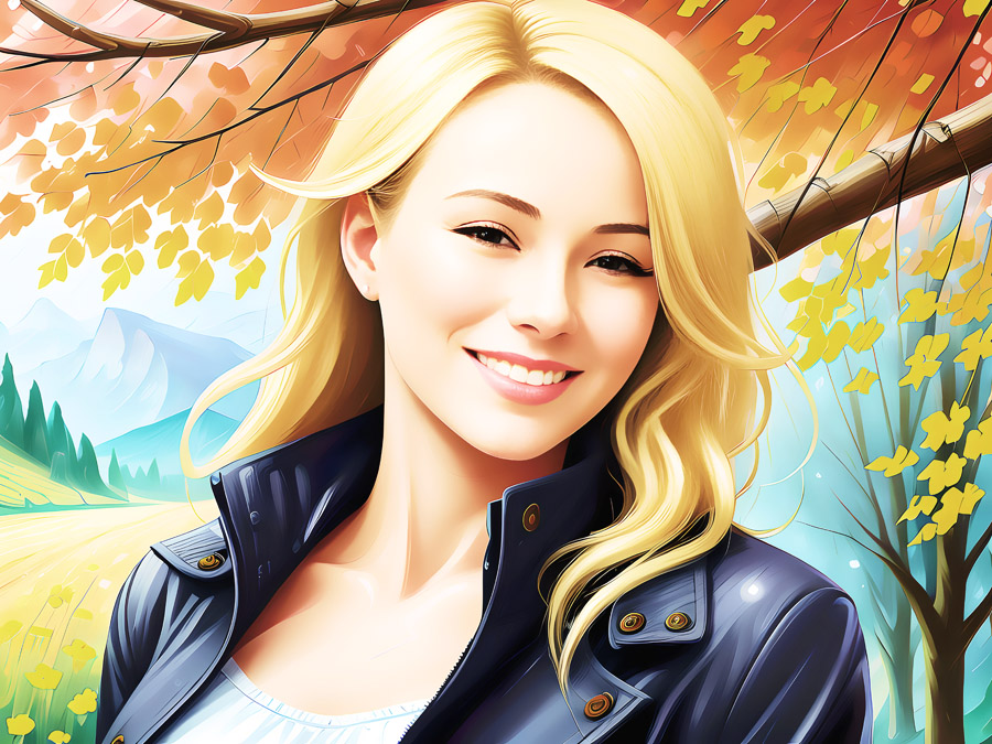 A woman in a black jacket is smiling in front of a leading tree.