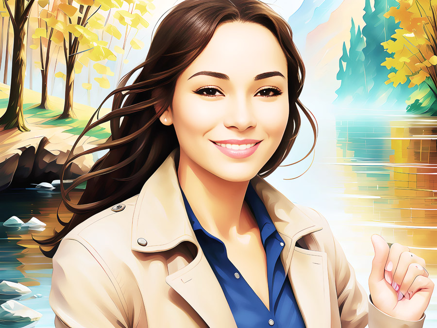 "Adventurous lady in chic tan jacket basks in the natural beauty beside a serene flowing river."