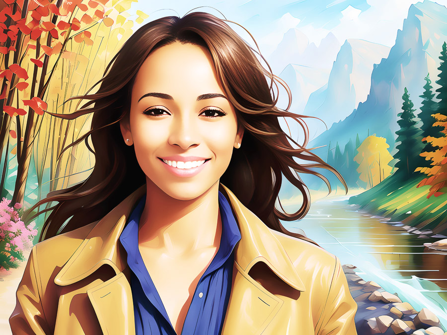 Cheerful woman wearing a stylish tan jacket, sporting a radiant smile by a serene river, making for an idyllic outdoor portrait.