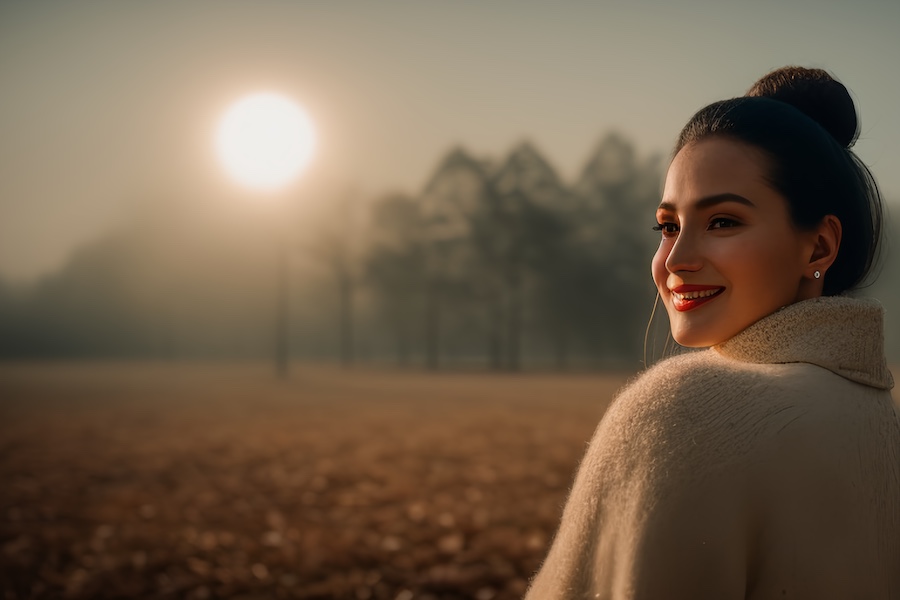 Woman, white coat, field.