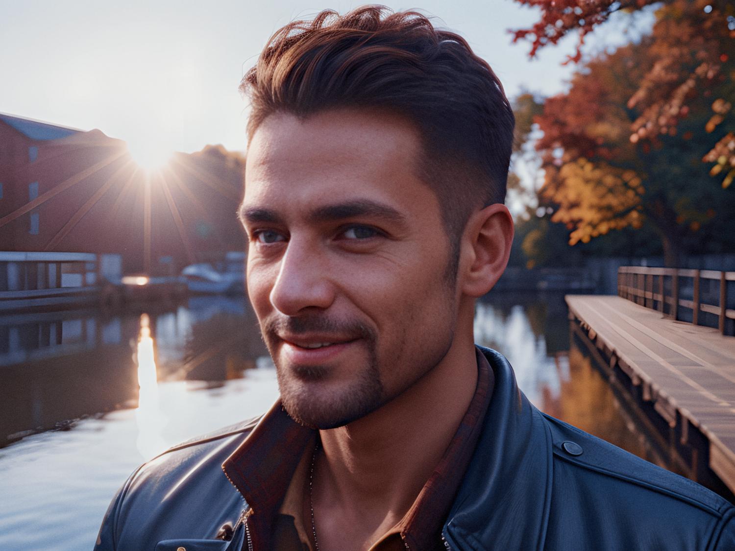 A stylish man with short dark hair and a trimmed beard sports a leather jacket and an Osprey Arcane flap pack by a serene waterfront, bathed in the golden hues of sunset. Fall-colored trees and industrial buildings set a chic backdrop for this urban autumn look.