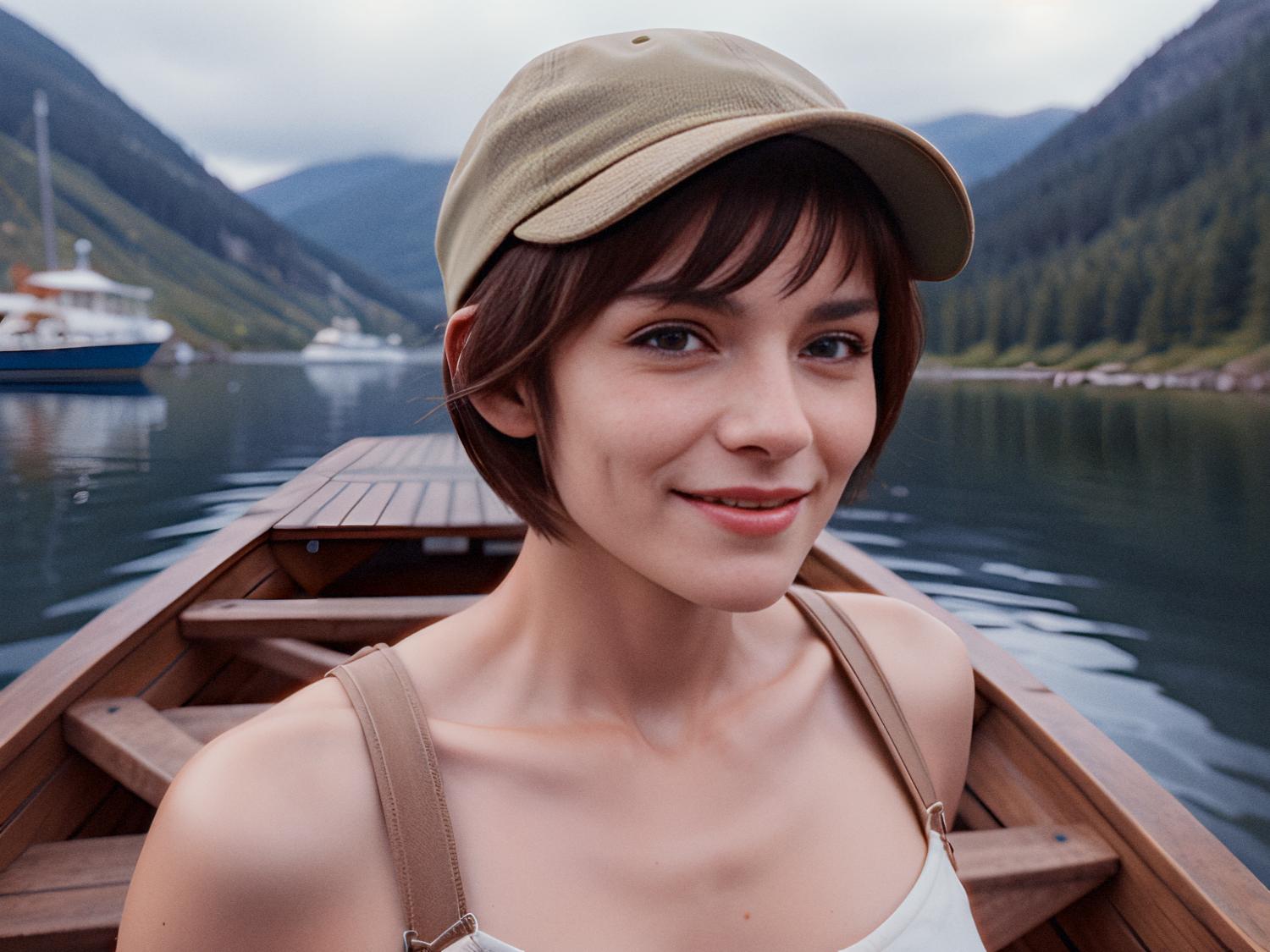 A young woman in a tan cap and Osprey Arcane backpack, seated in a wooden boat on a tranquil lake, embraces effortless style amidst mountain serenity.