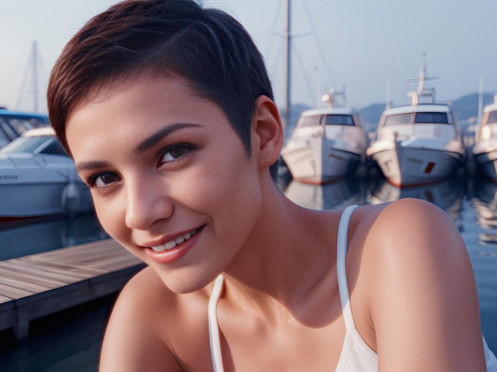 A stylish individual with short dark hair beams at the camera, seated on a dock with an Osprey Arcane Flap Pack, against a serene marina backdrop. Clad in a chic white sleeveless top, this look embodies effortless marina style.