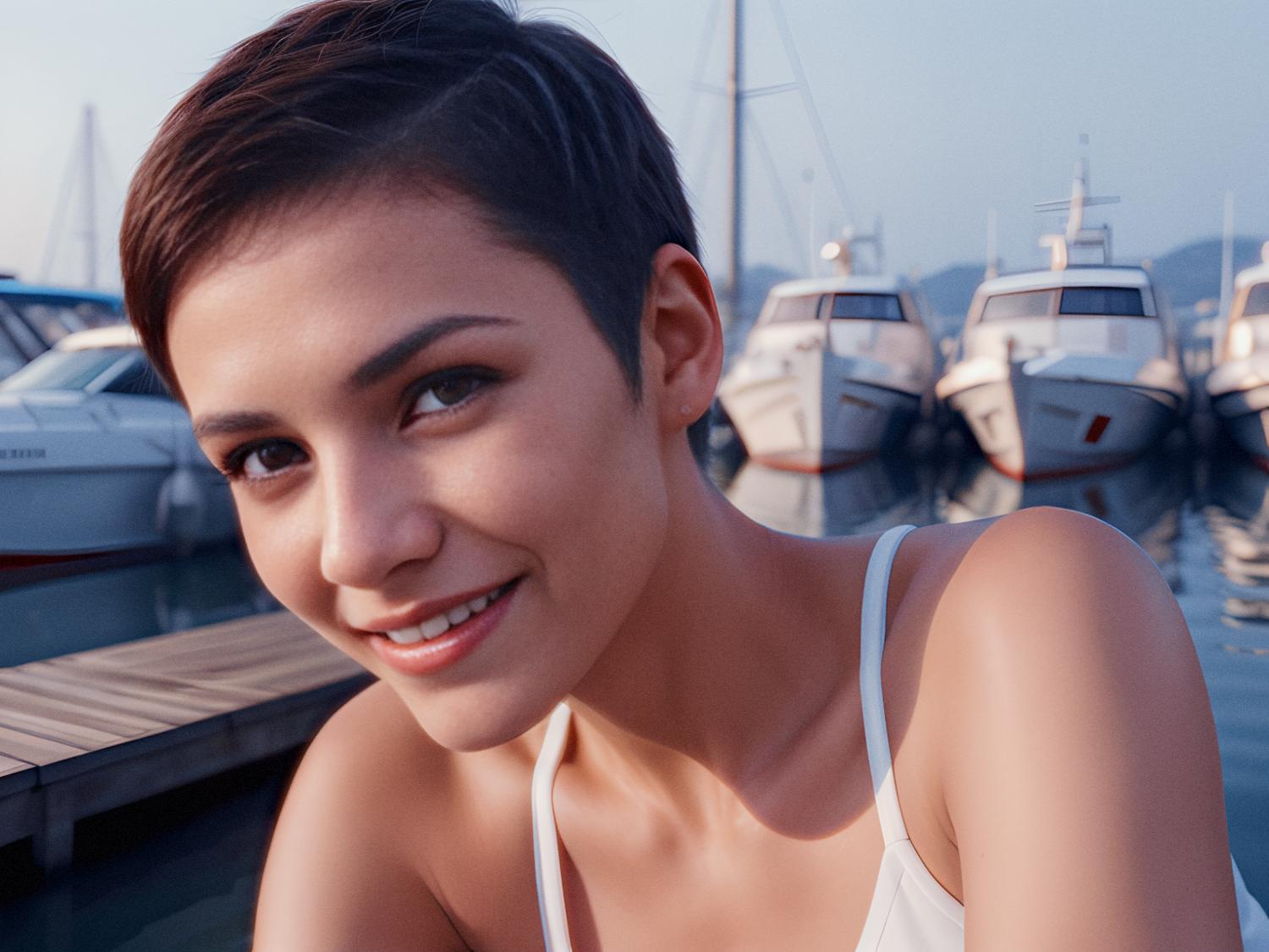 A stylish individual with short dark hair beams at the camera, seated on a dock with an Osprey Arcane Flap Pack, against a serene marina backdrop. Clad in a chic white sleeveless top, this look embodies effortless marina style.