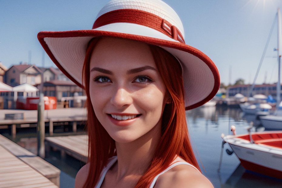 A young woman with flowing red hair beams in a chic wide-brimmed hat and stylish Osprey Arcane backpack, standing by a picturesque marina.