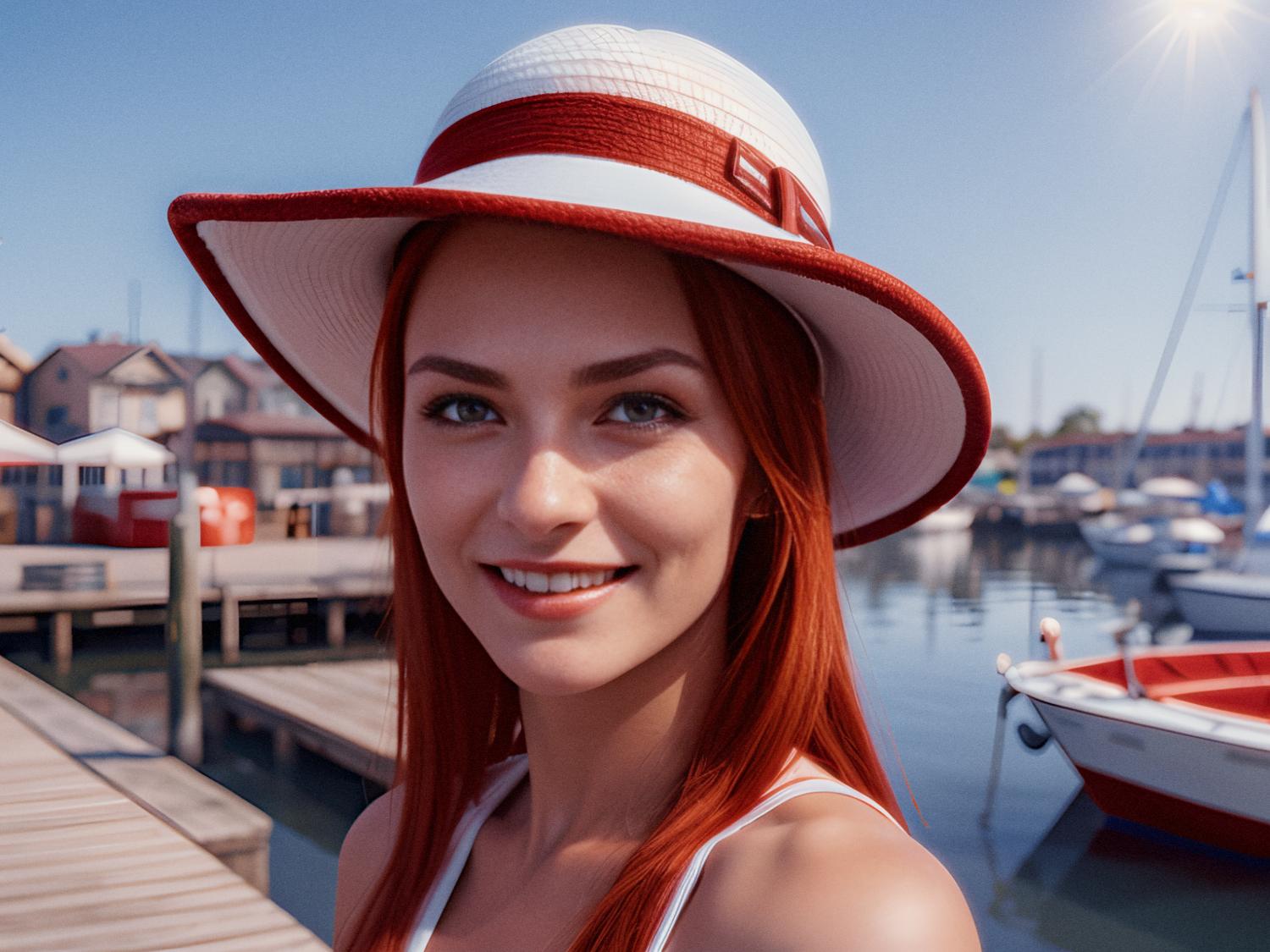A young woman with flowing red hair beams in a chic wide-brimmed hat and stylish Osprey Arcane backpack, standing by a picturesque marina.
