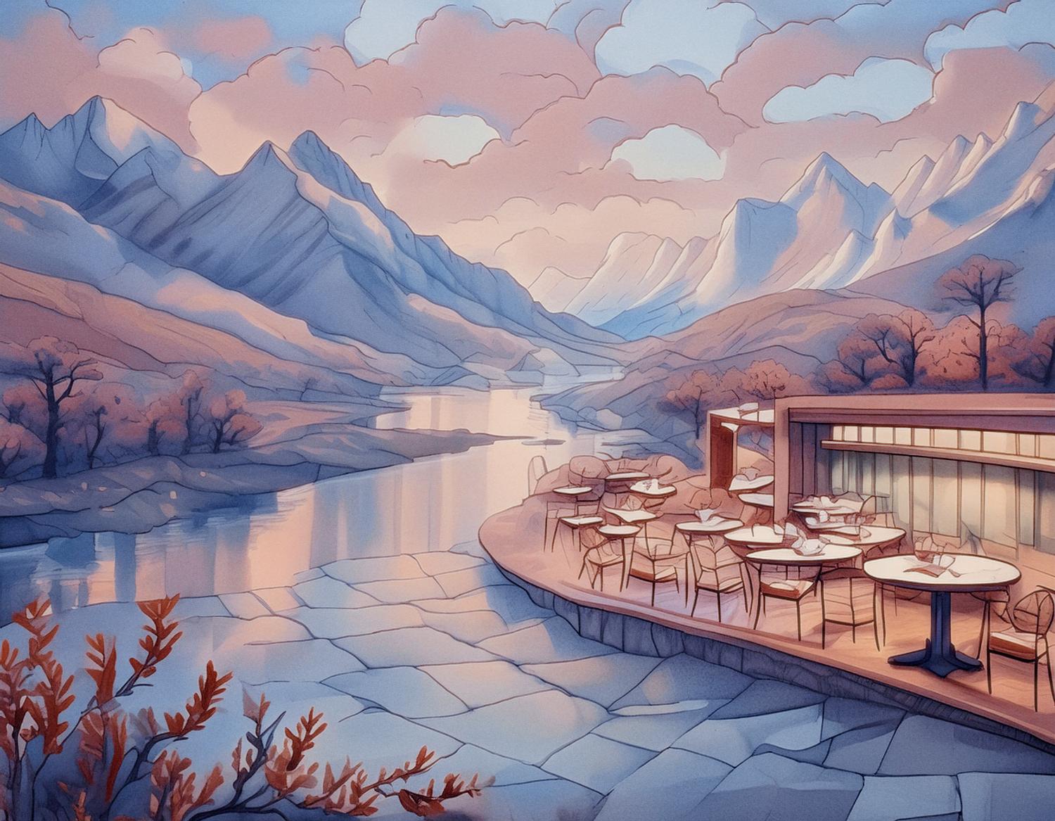 A serene lakeside restaurant with chic outdoor seating, set against a stunning sunrise/sunset. Perfect for a stylish Travel Line moment by the water.