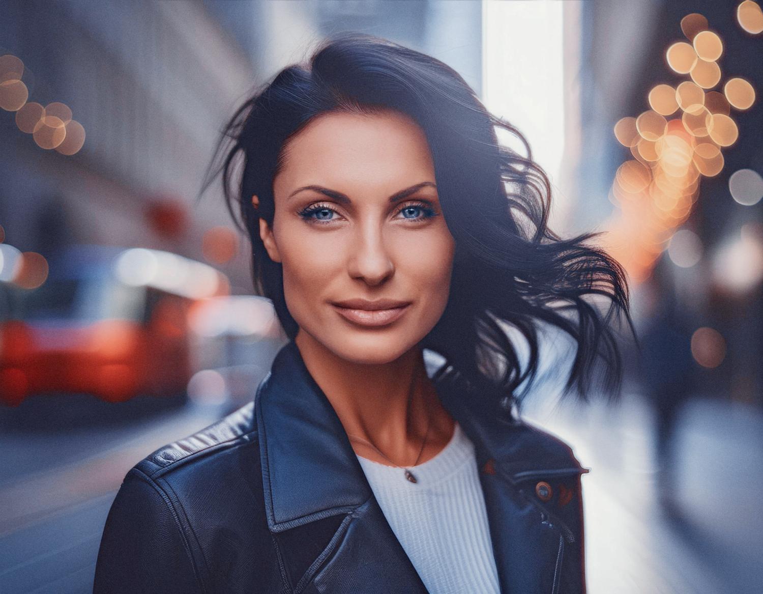 A stylish woman with dark hair and blue eyes stands on a vibrant city street, wearing a chic black leather jacket over a white top. Bokeh lights enhance the urban ambiance, capturing the essence of trendy Travel Line adventures.