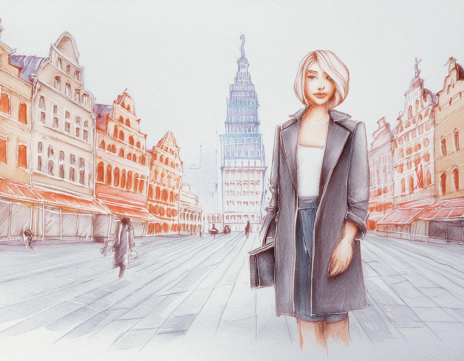 A chic illustration of a woman with blonde bob, draped in a long coat and clutching a stylish purse, standing on a cobblestone street with historic buildings and a tower in the distance.
