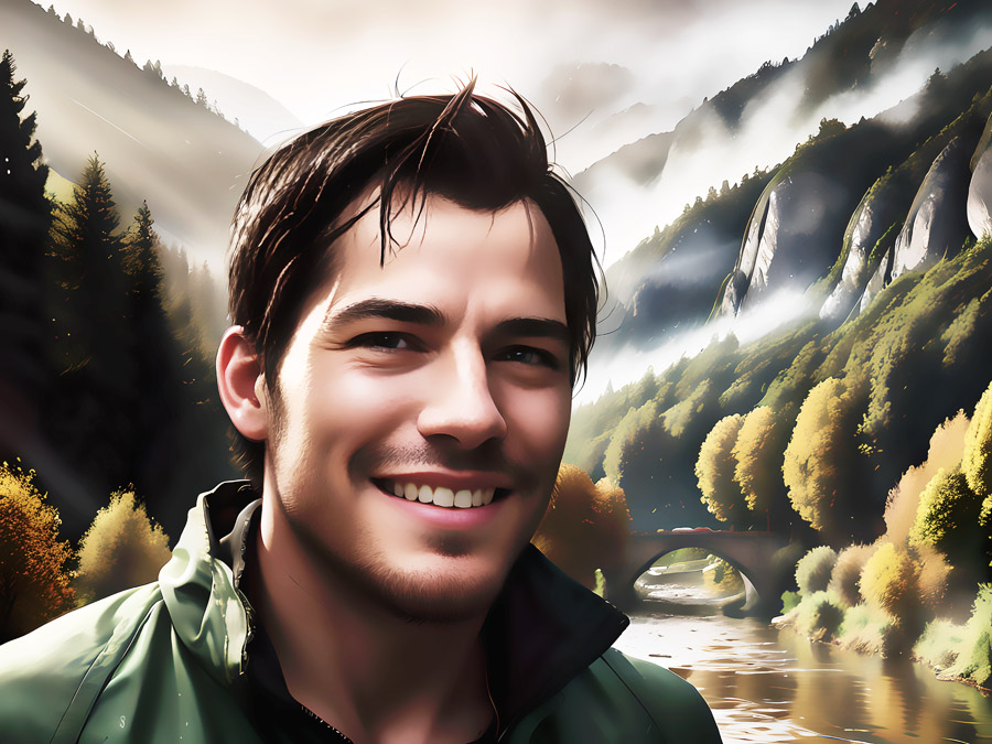 "Cheerful man in a vibrant green jacket, radiating joy while posing near a serene river."