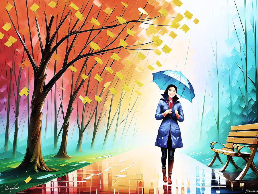 "Artistic portrayal of a classy woman romantically strolling through a verdant park, gracefully holding an elegant umbrella."