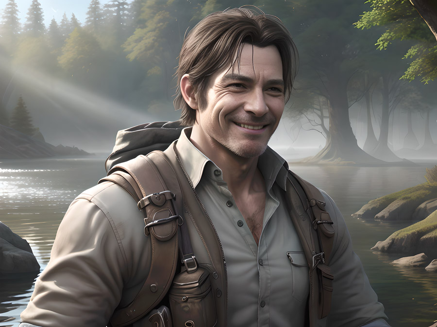 Cheerful backpacker enjoying a serene river view