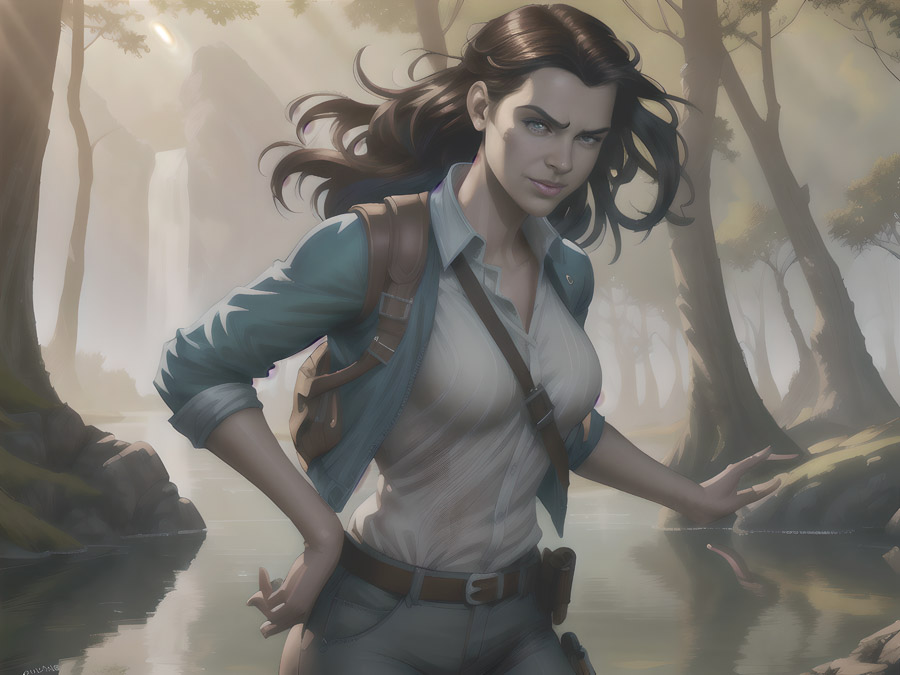 "Captivating digital artwork of a solitary woman surrounded by lush, serene forest scenery."