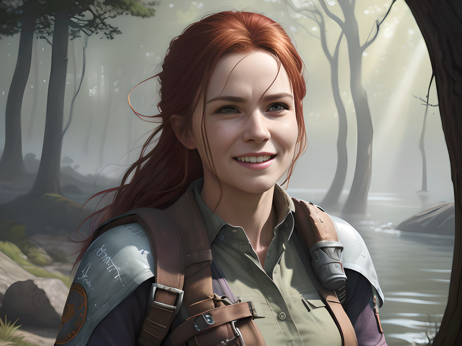 A fiery-haired woman immersed in a serene emerald forest.