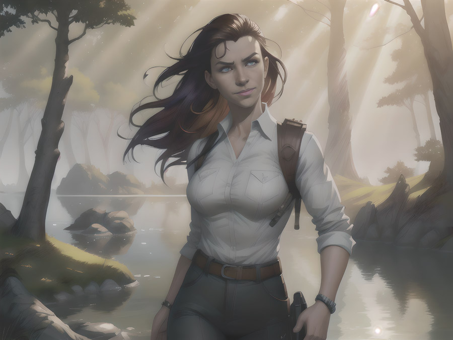 "Dynamic illustration of a fierce woman poised in a tranquil woodland, arresting attention as she firmly clasps a firearm."