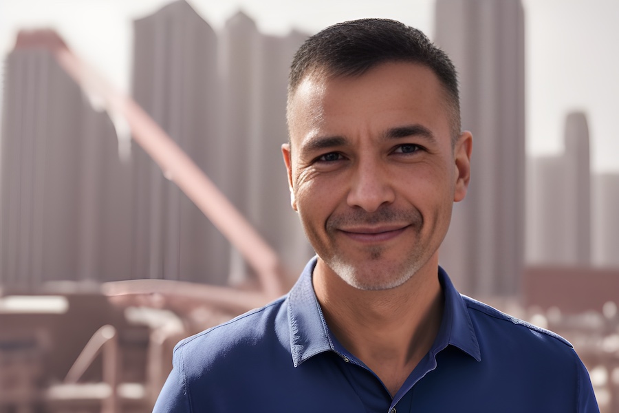 A man in a blue shirt is smiling in front of a city, captured in a minimalist style.