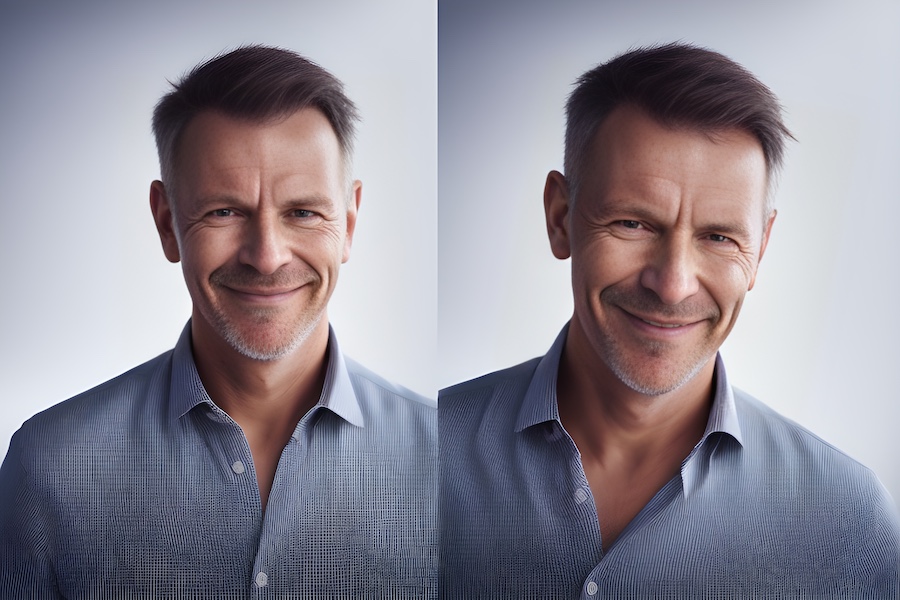 Two minimalist style pictures of a man with a smile on his face.
