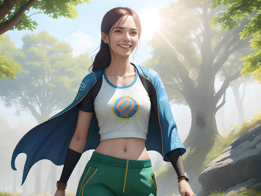 A young girl in a vibrant green top embarking on an adventurous walk amidst a lush, serene forest.