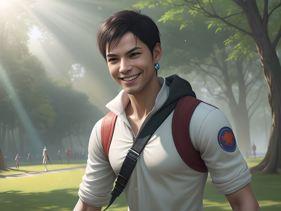 An adventurous young man geared up with a backpack exploring the serene beauty of a lush green park.